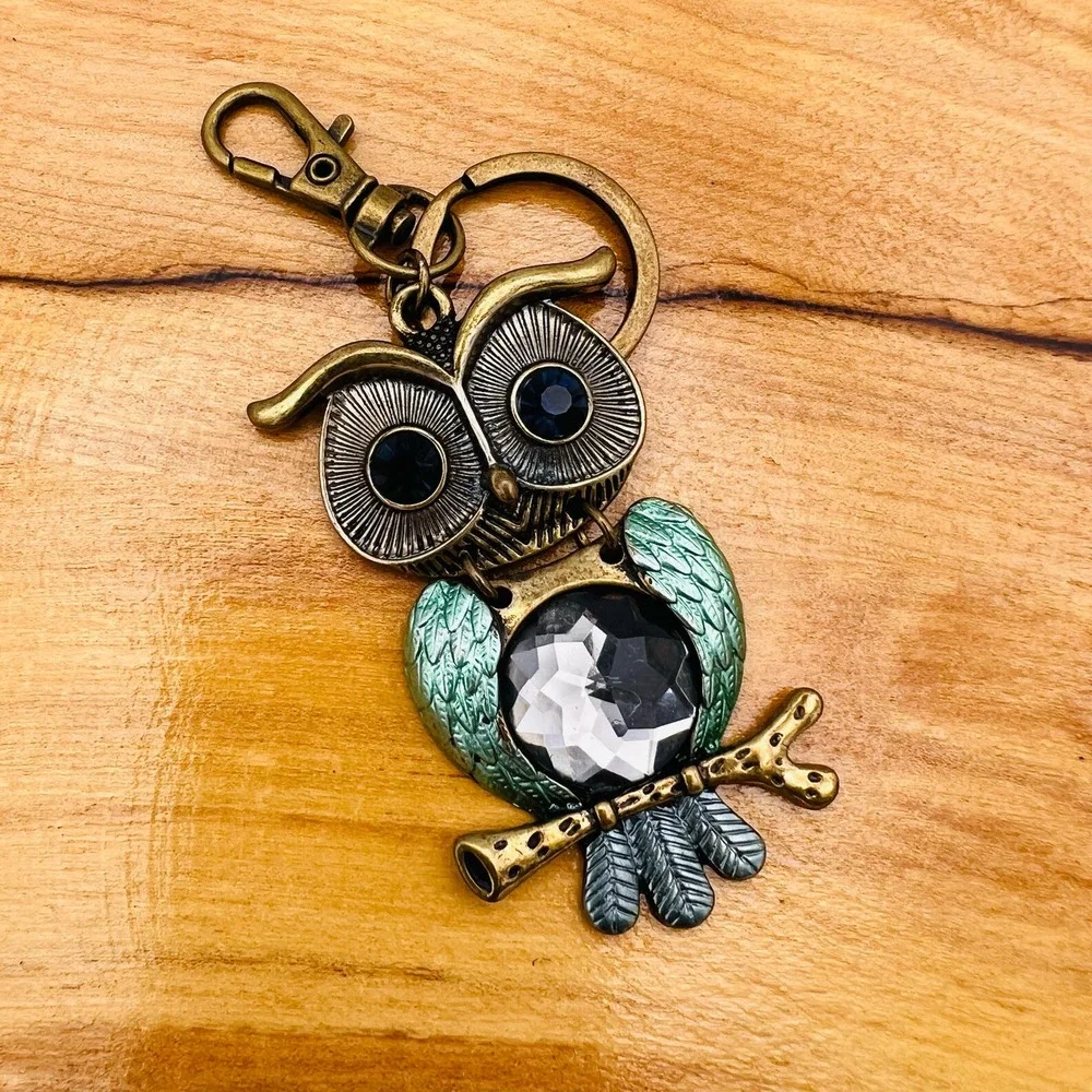 Owl Keychain Antiqued Gold Metal Boho 3” Repurposed Giftable Handmade